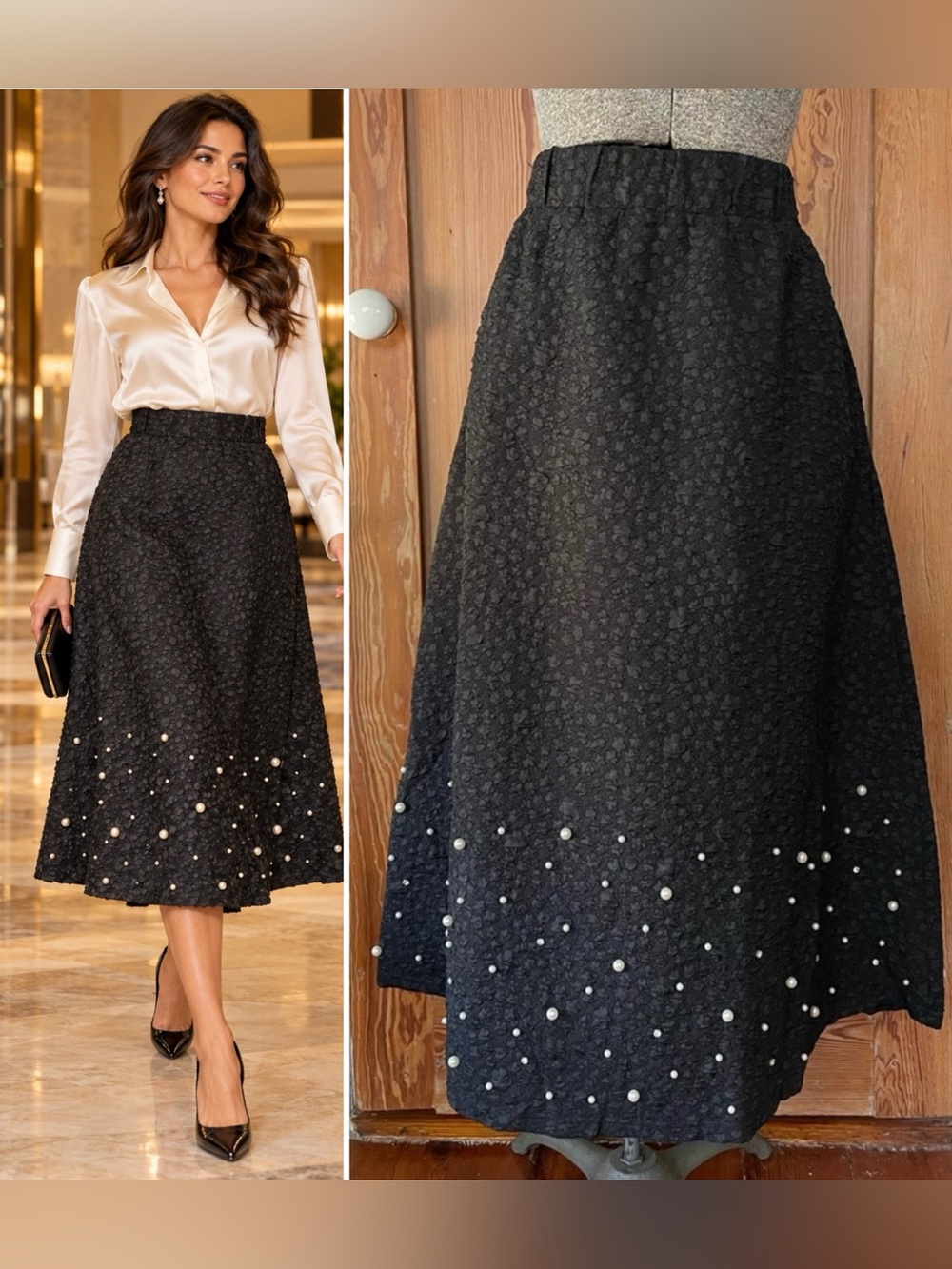 NWT Joh. Black Textured A-Line Midi Skirt Pearl & Rhinestone Embellishments Sz L